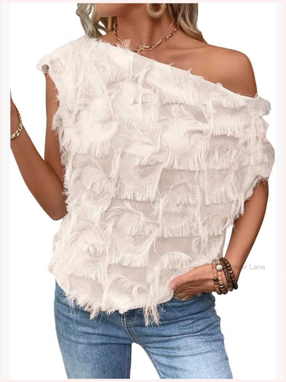 Women's One-Shoulder Fringe Textured Top - Cream